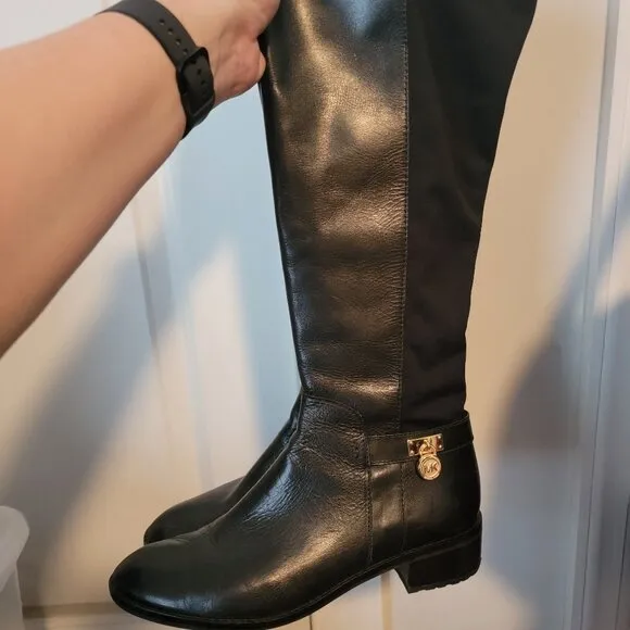 Michael Kors Hamilton Black Leather Riding Stretch Tall Zip Boot