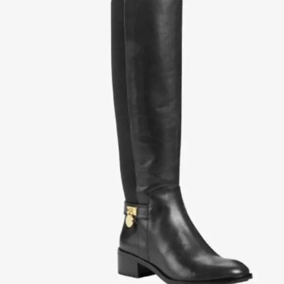 Michael Kors Hamilton Black Leather Riding Stretch Tall Zip Boot