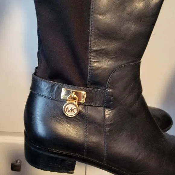 Michael Kors Hamilton Black Leather Riding Stretch Tall Zip Boot