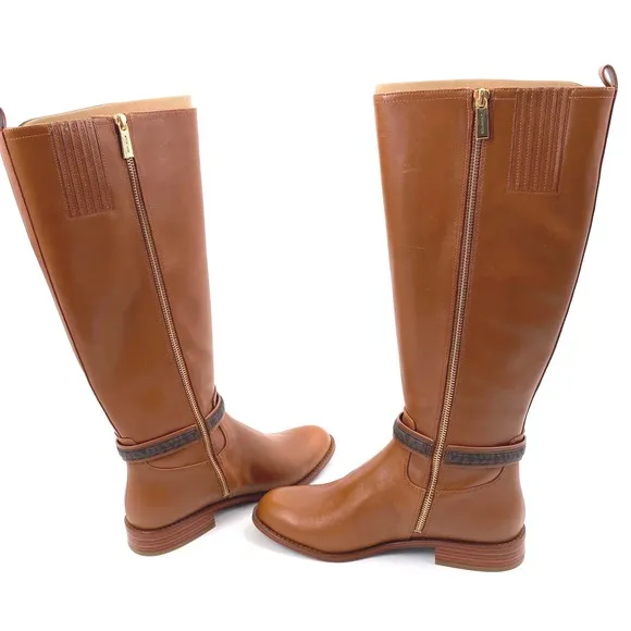 Michael Kors Mindy Leather &amp; Signature Logo Trim Wide Calf Boots Leather 9M NWB