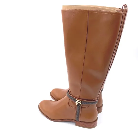 Michael Kors Mindy Leather &amp; Signature Logo Trim Wide Calf Boots Leather 9M NWB