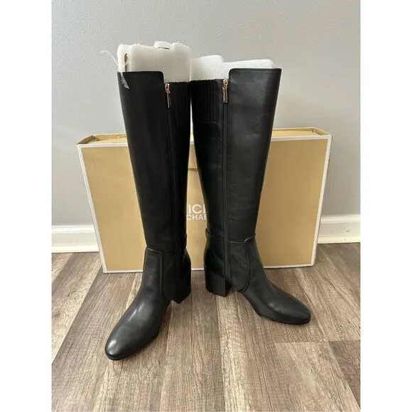 Michael Kors Side Zip Logo Buckle Carmen Leather Tall Riding Boots Black Sz 7.5M