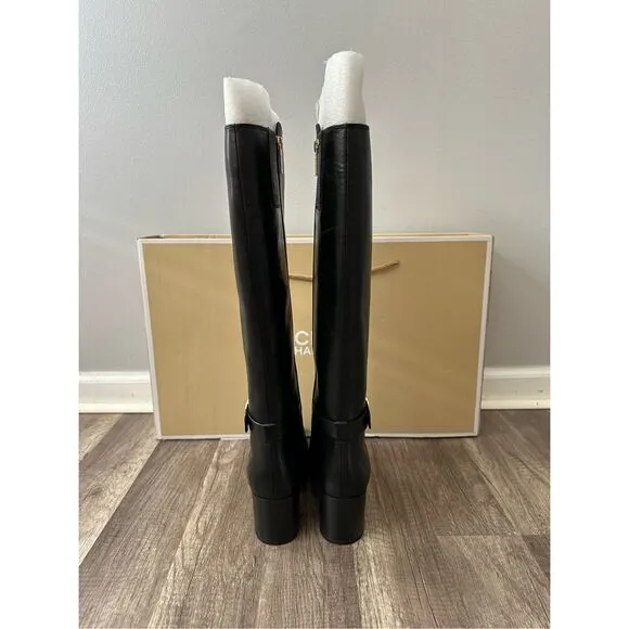 Michael Kors Side Zip Logo Buckle Carmen Leather Tall Riding Boots Black Sz 7.5M