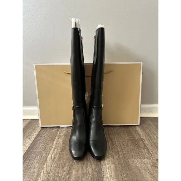 Michael Kors Side Zip Logo Buckle Carmen Leather Tall Riding Boots Black Sz 7.5M