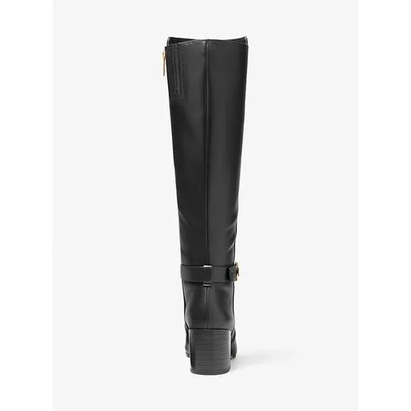Michael Kors Side Zip Logo Buckle Carmen Leather Tall Riding Boots Black Sz 7.5M