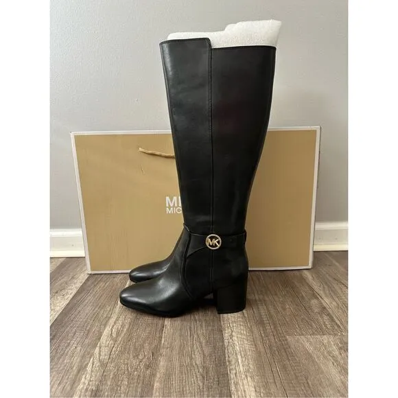 Michael Kors Side Zip Logo Buckle Carmen Leather Tall Riding Boots Black Sz 7.5M