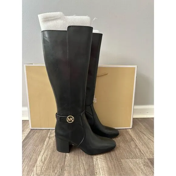 Michael Kors Side Zip Logo Buckle Carmen Leather Tall Riding Boots Black Sz 7.5M