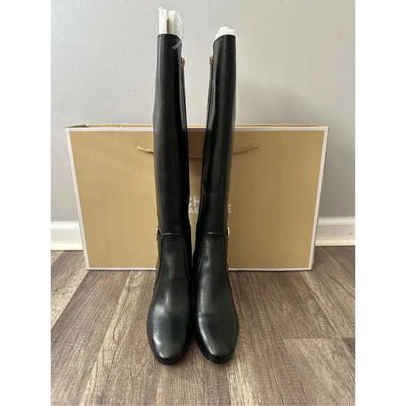 Michael Kors Side Zip Logo Buckle Carmen Leather Tall Riding Boots Black Sz 7.5M