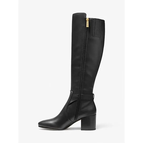 Michael Kors Side Zip Logo Buckle Carmen Leather Tall Riding Boots Black Sz 7.5M