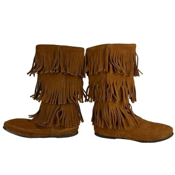 MINNETONKA 1632 3 LAYER FRINGE CALF HIGH SUEDE LEATHER SLIP ON MOCCASIN BOOTS