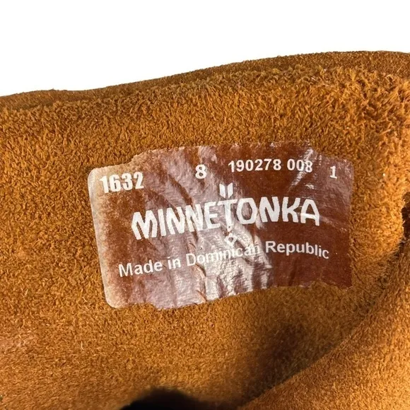 MINNETONKA 1632 3 LAYER FRINGE CALF HIGH SUEDE LEATHER SLIP ON MOCCASIN BOOTS