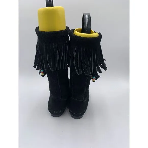 Minnetonka Women's 1629 Black 3in1 Calf-Hi Suede‎ Fringe Hard Sole Boots Sz 7