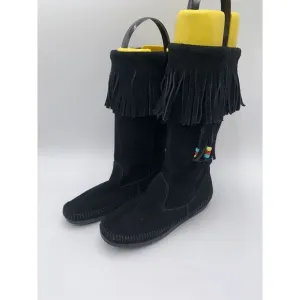 Minnetonka Women's 1629 Black 3in1 Calf-Hi Suede‎ Fringe Hard Sole Boots Sz 7
