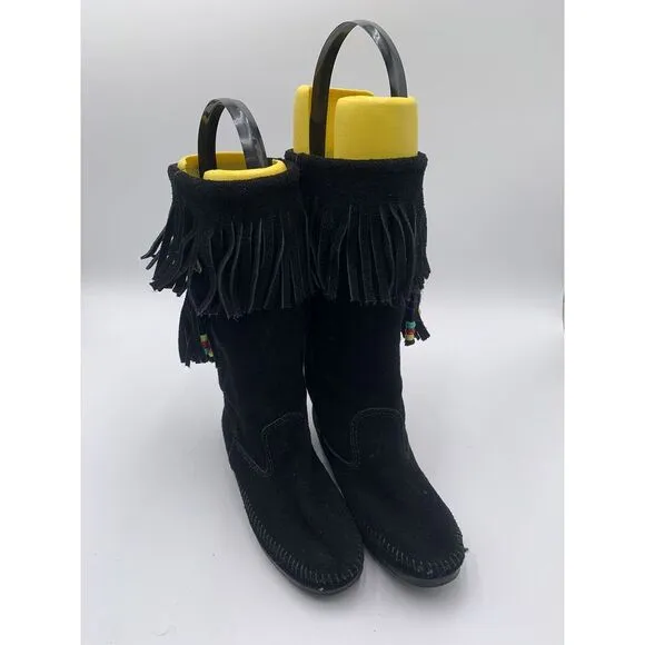 Minnetonka Women's 1629 Black 3in1 Calf-Hi Suede‎ Fringe Hard Sole Boots Sz 7