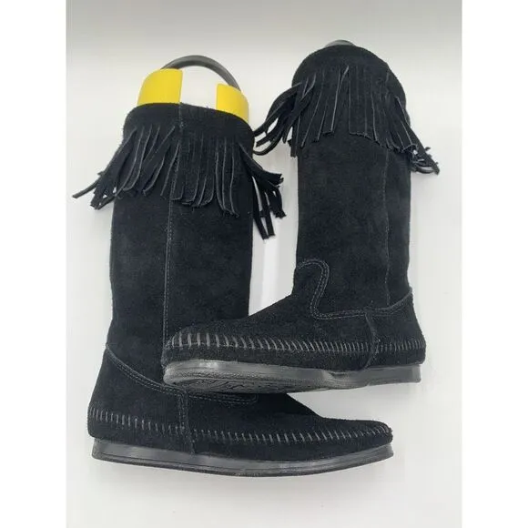 Minnetonka Women's 1629 Black 3in1 Calf-Hi Suede‎ Fringe Hard Sole Boots Sz 7