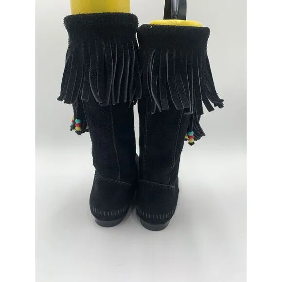 Minnetonka Women's 1629 Black 3in1 Calf-Hi Suede‎ Fringe Hard Sole Boots Sz 7