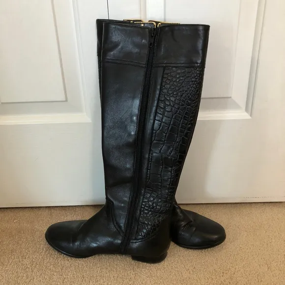 Napoleoni Leather Black Tall Boots Size 36 Croc Pattern Gold Details Italian