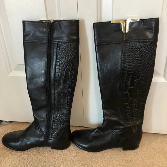 Napoleoni Leather Black Tall Boots Size 36 Croc Pattern Gold Details Italian