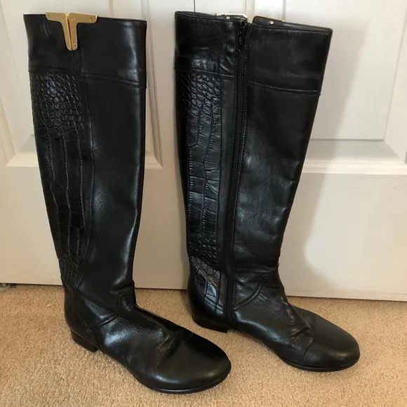 Napoleoni Leather Black Tall Boots Size 36 Croc Pattern Gold Details Italian
