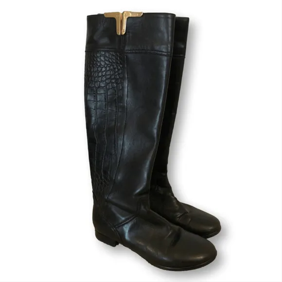 Napoleoni Leather Black Tall Boots Size 36 Croc Pattern Gold Details Italian