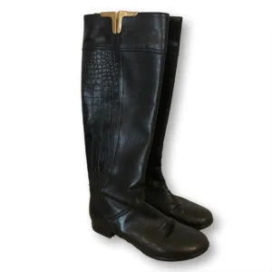 Napoleoni Leather Black Tall Boots Size 36 Croc Pattern Gold Details Italian