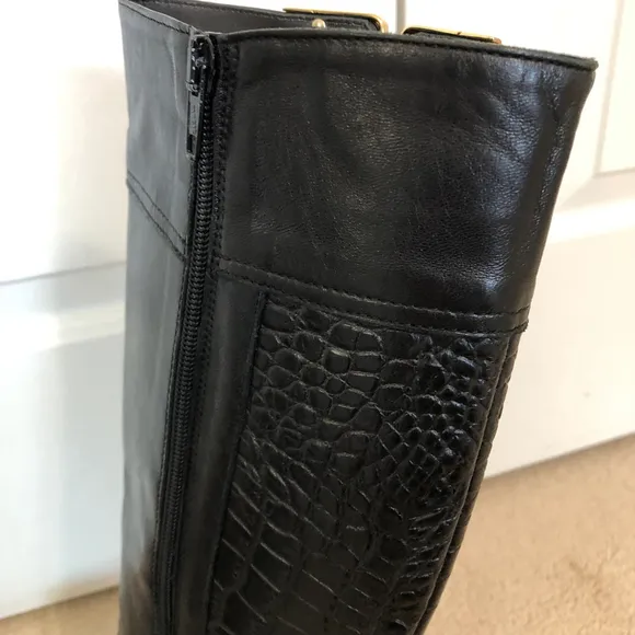 Napoleoni Leather Black Tall Boots Size 36 Croc Pattern Gold Details Italian