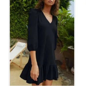 Nation Ltd Danika Dress Size M Black Cotton VNeck Puff Sleeve Mini Shift Casual