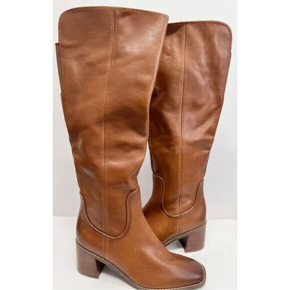 Naturalizer 27 EDIT Knee High Boots Size 6 Brown Leather Square Toe Block Heel