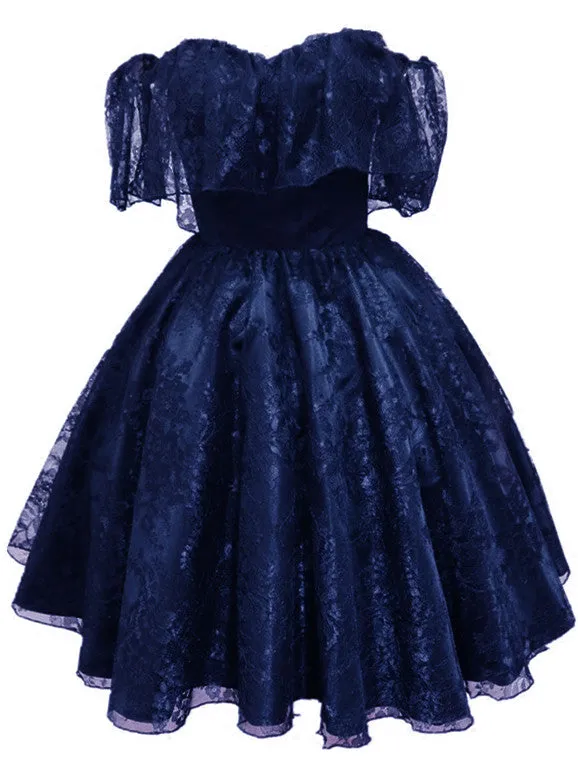 Navy Blue Lace Short Off Shoulder Prom Dress Party Dress, Blue Lace Homecoming Dresses