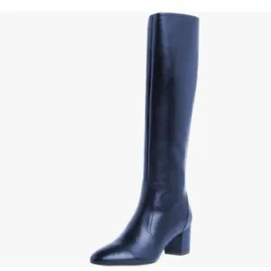 Navy Women Pointed Toe Knee High Boots Chunky Heel Riding Boots Side Zipper Shoe