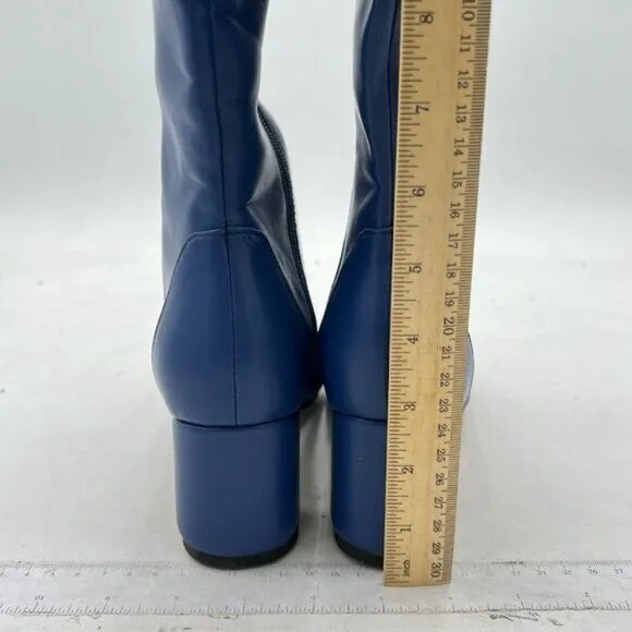 Navy Women Pointed Toe Knee High Boots Chunky Heel Riding Boots Side Zipper Shoe