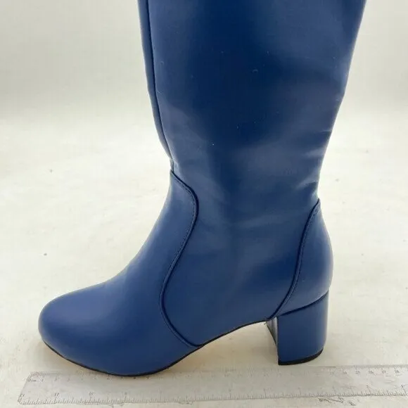 Navy Women Pointed Toe Knee High Boots Chunky Heel Riding Boots Side Zipper Shoe