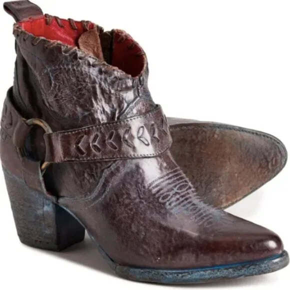 New BED STU Bedstu Tania Teak Rustic Western Harness Leather Ankle Boots 9 /40