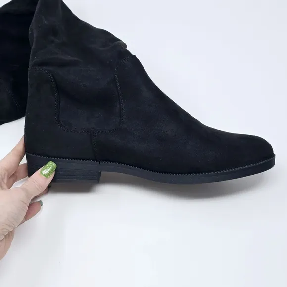 New Black Knee High Riding Boots 10 Kohls SO Velour Englishmuffin Back Tie Shoes