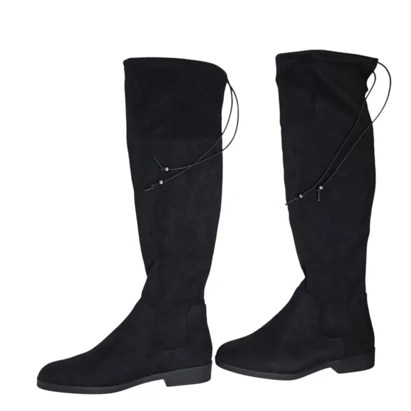 New Black Knee High Riding Boots 10 Kohls SO Velour Englishmuffin Back Tie Shoes