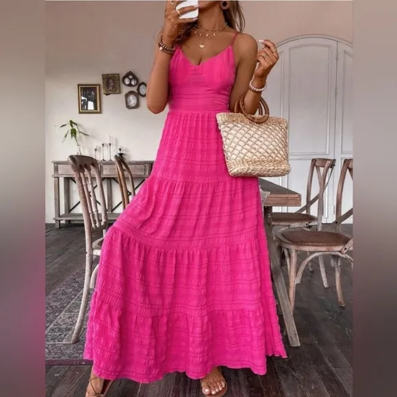 New Boho Textured Stripe Tie Back Cami Maxi Dress Hot Pink