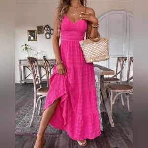 New Boho Textured Stripe Tie Back Cami Maxi Dress Hot Pink