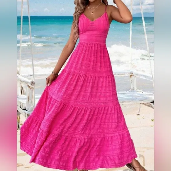 New Boho Textured Stripe Tie Back Cami Maxi Dress Hot Pink