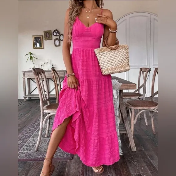 New Boho Textured Stripe Tie Back Cami Maxi Dress Hot Pink