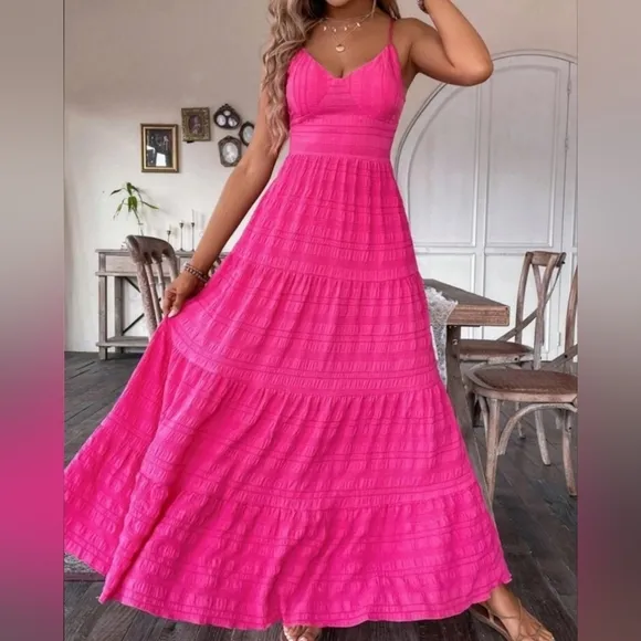 New Boho Textured Stripe Tie Back Cami Maxi Dress Hot Pink