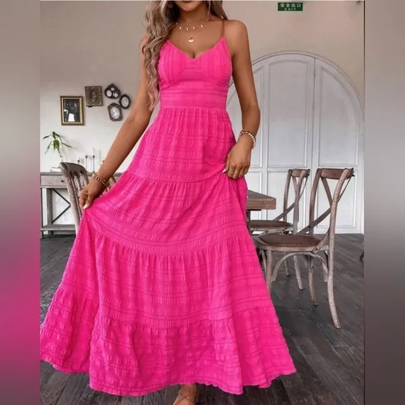 New Boho Textured Stripe Tie Back Cami Maxi Dress Hot Pink