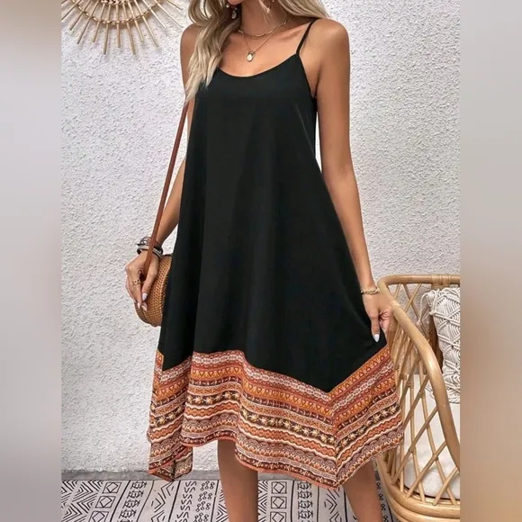 New Boho Tribal Print Cami Slip Dress Black Orange Brown