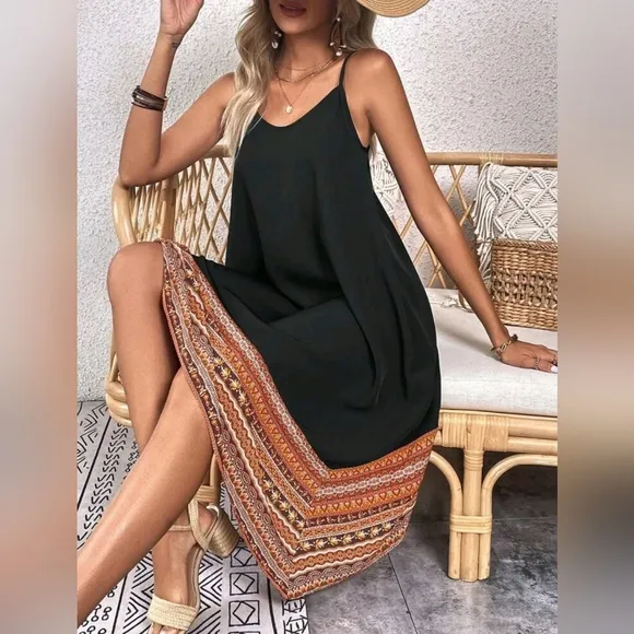 New Boho Tribal Print Cami Slip Dress Black Orange Brown