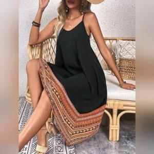 New Boho Tribal Print Cami Slip Dress Black Orange Brown
