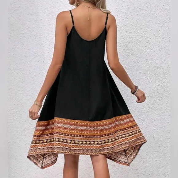 New Boho Tribal Print Cami Slip Dress Black Orange Brown