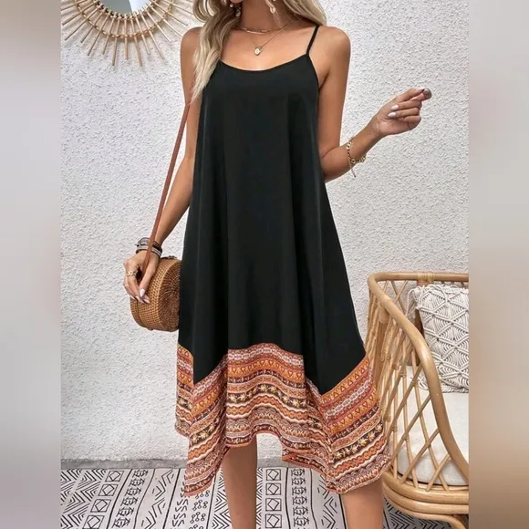 New Boho Tribal Print Cami Slip Dress Black Orange Brown