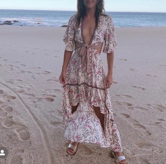 New Coastal Floral Cut Out Maisie Bambi Beach Dress Cream Pink Purple