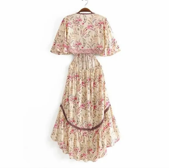 New Coastal Floral Cut Out Maisie Bambi Beach Dress Cream Pink Purple