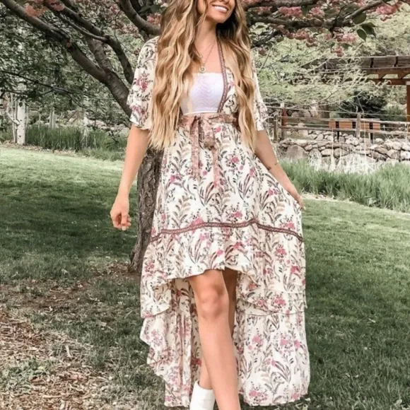 New Coastal Floral Cut Out Maisie Bambi Beach Dress Cream Pink Purple