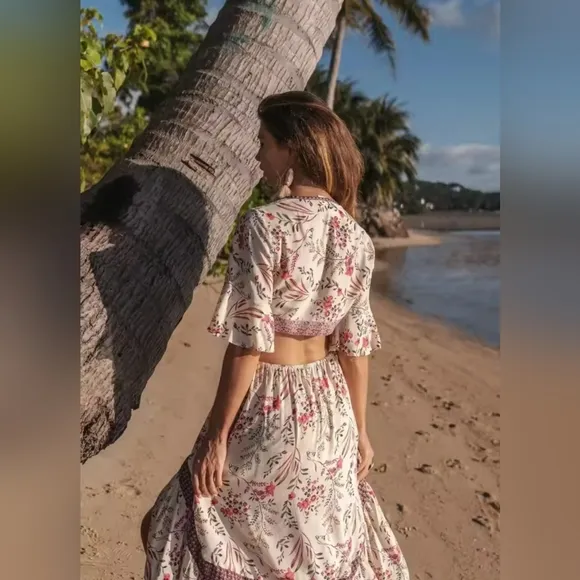 New Coastal Floral Cut Out Maisie Bambi Beach Dress Cream Pink Purple